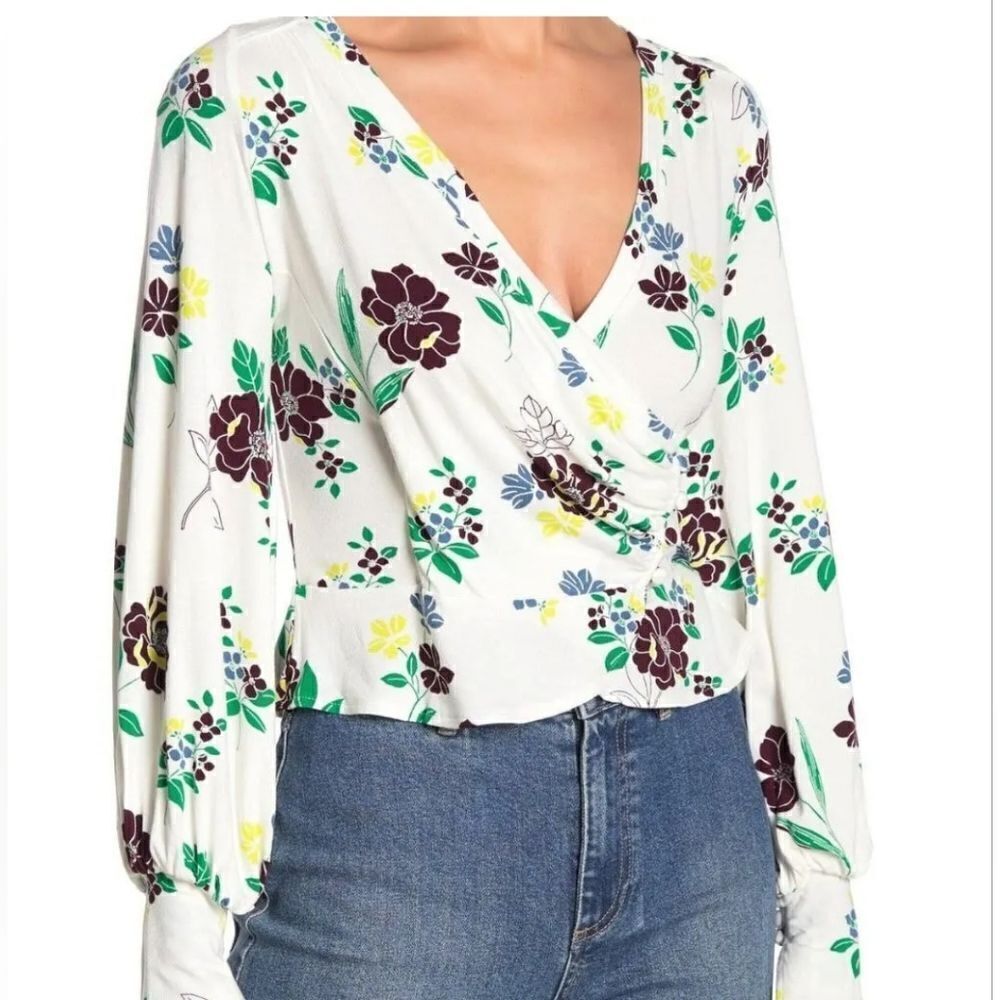 FREE PEOPLE L White Mltclr Floral Print Cuffed Lngslv Women’s Top Blouse